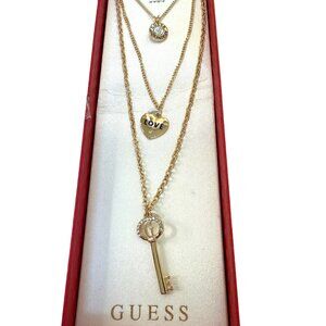 Guess Gold-Tone L.O.V.E. Layered Necklace Set With Heart Charm & Crystal Key Pen